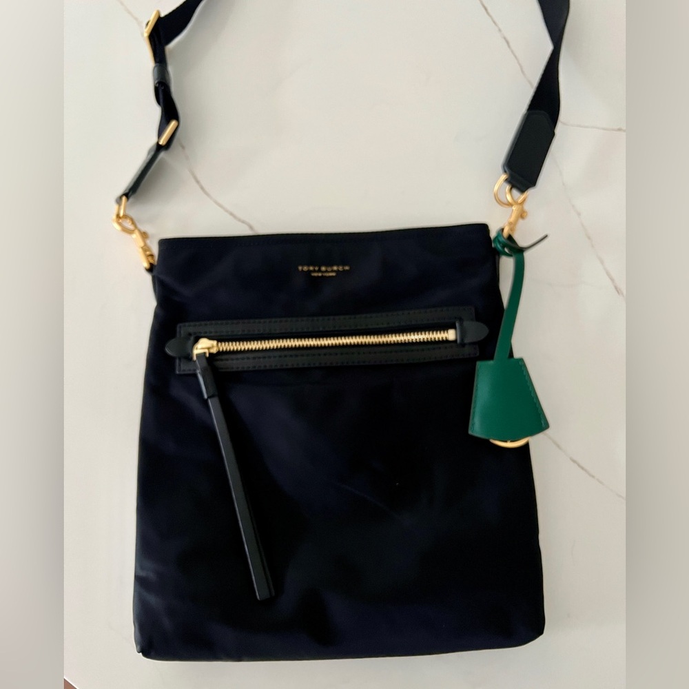 Tory Burch Black and Green Nylon Crossbody Bag with Structured Design